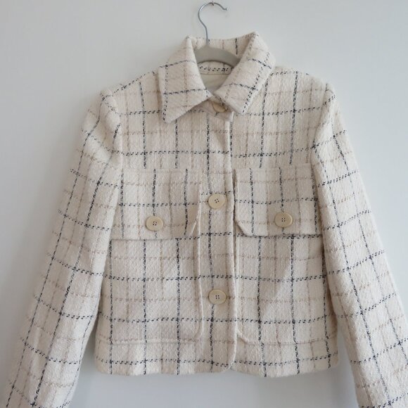 MANGO MNG Cropped Tweed Blazer in Cream Plaid Preppy Old Money Academia Size XS - Picture 3 of 13